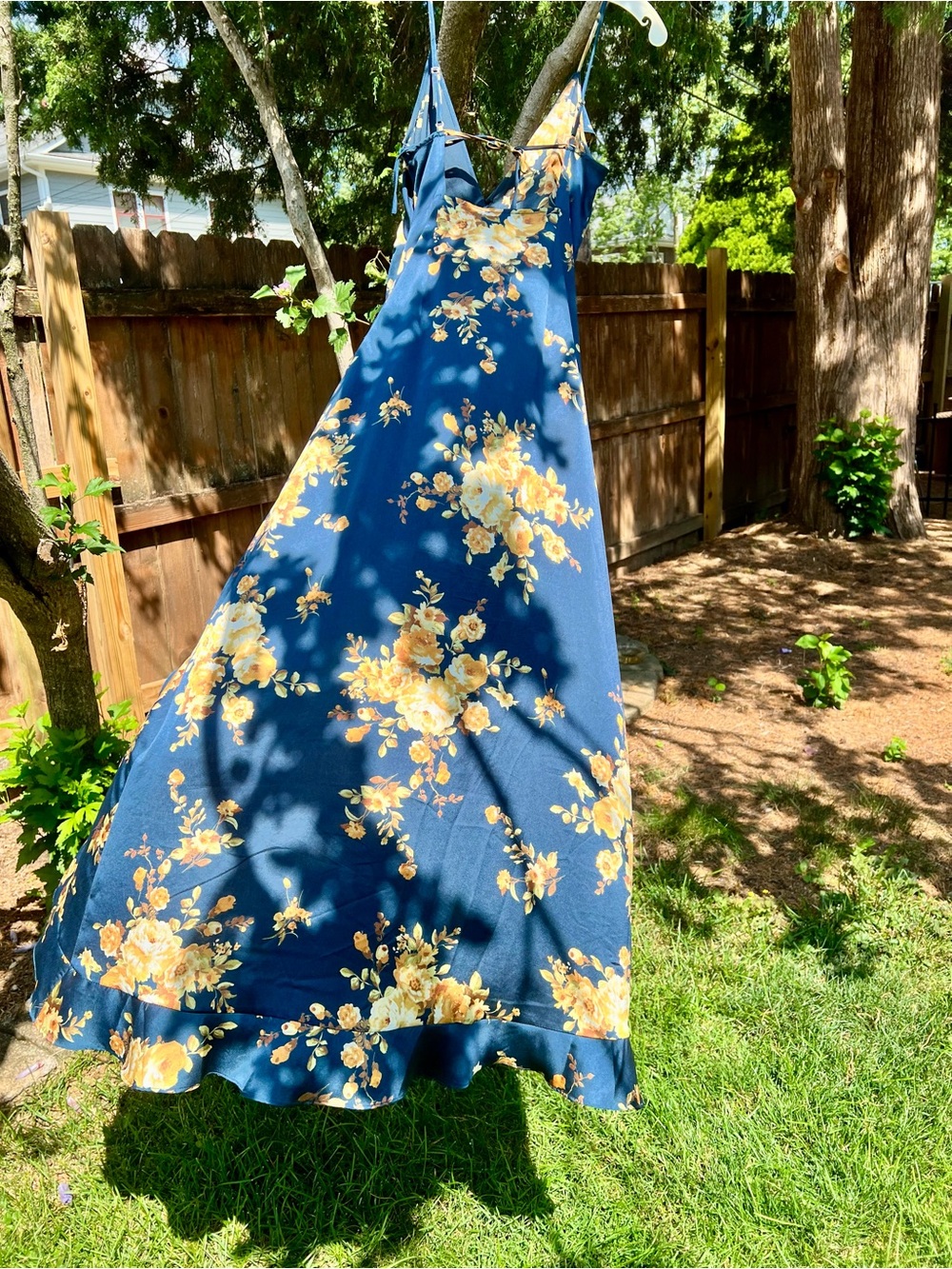 Vici Dolls Floral Satin Ruffle Halter Maxi Dress Navy Blue Flowing S Faux Wrap - Picture 9 of 16